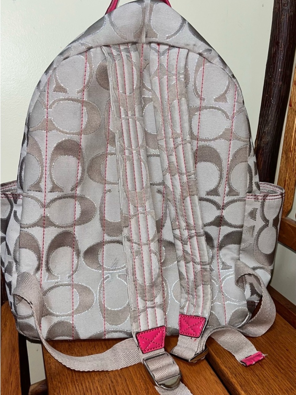 Beige Signature Pattern Backpack with Pink Trim - Picture 2 of 10